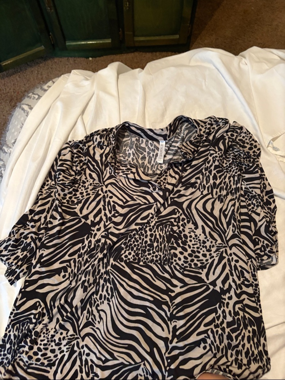 Mixed Animal Print Short-Sleeve Button Down Shirt - Black & Cream